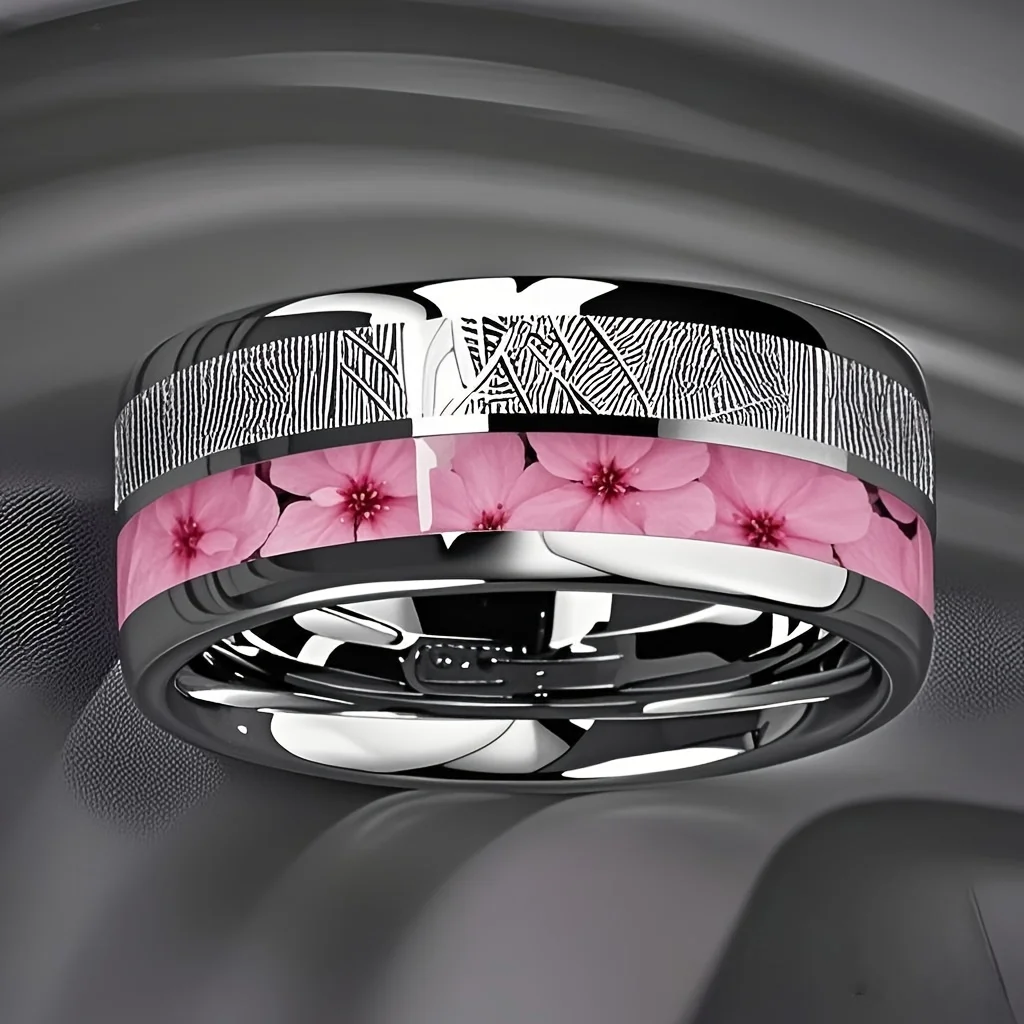 Fashion Peach Blossom Rose & Meteorite Inlay Rings 8mm Silver Color Men Stainless Steel Ring for Men Women Wedding Party Jewelry