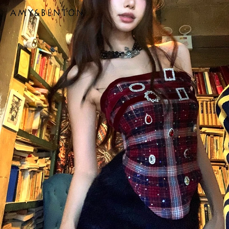 

European American Retro Hot Girl Plaid Sexy Women's Tube Top Summer New Design Sweet Irregular Mesh Sleeveless Vest Dress Ladies