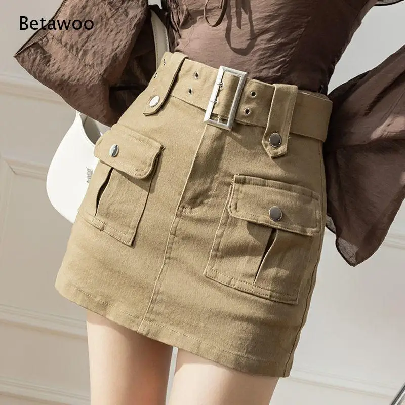 Ladies High Waist Cargo Skirt Built In Safety Shorts Multi Pocket Metal Buckle Belt Decor Slim Fit Mini Skirt