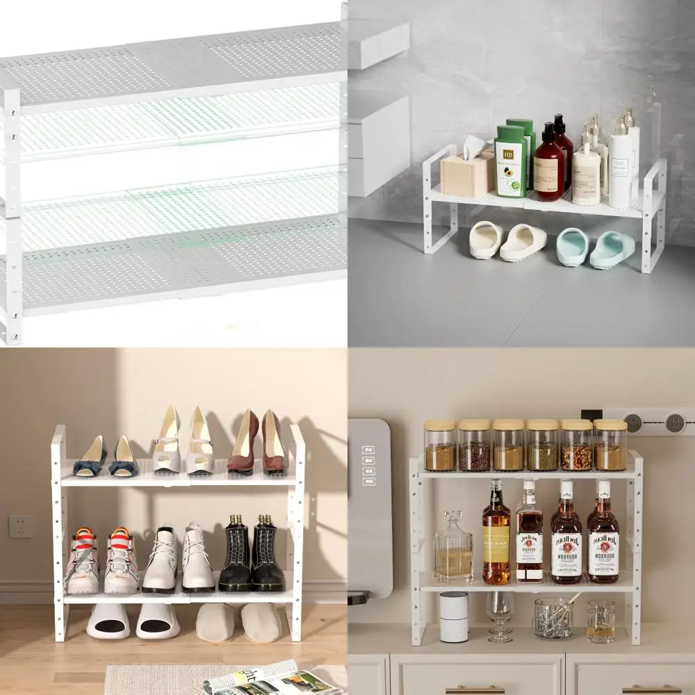 

Expandable Metal Shoe Rack Organizer, Stackable Kitchen Storage, Adjustable Cabinet Shelf Risers, 2-Pack White, Medium Size