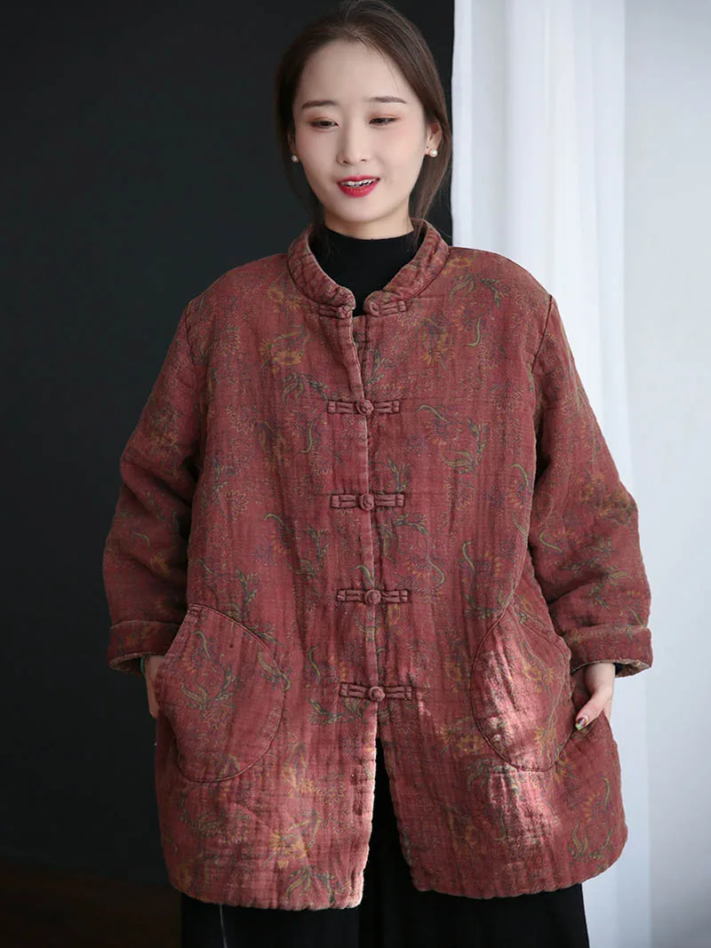 Women's Cotton Coat Medium Long Loose Cotton Printed Autumn/Winter Button Warm Jacket Lightweight Chinese Cotton-Padded Clothes