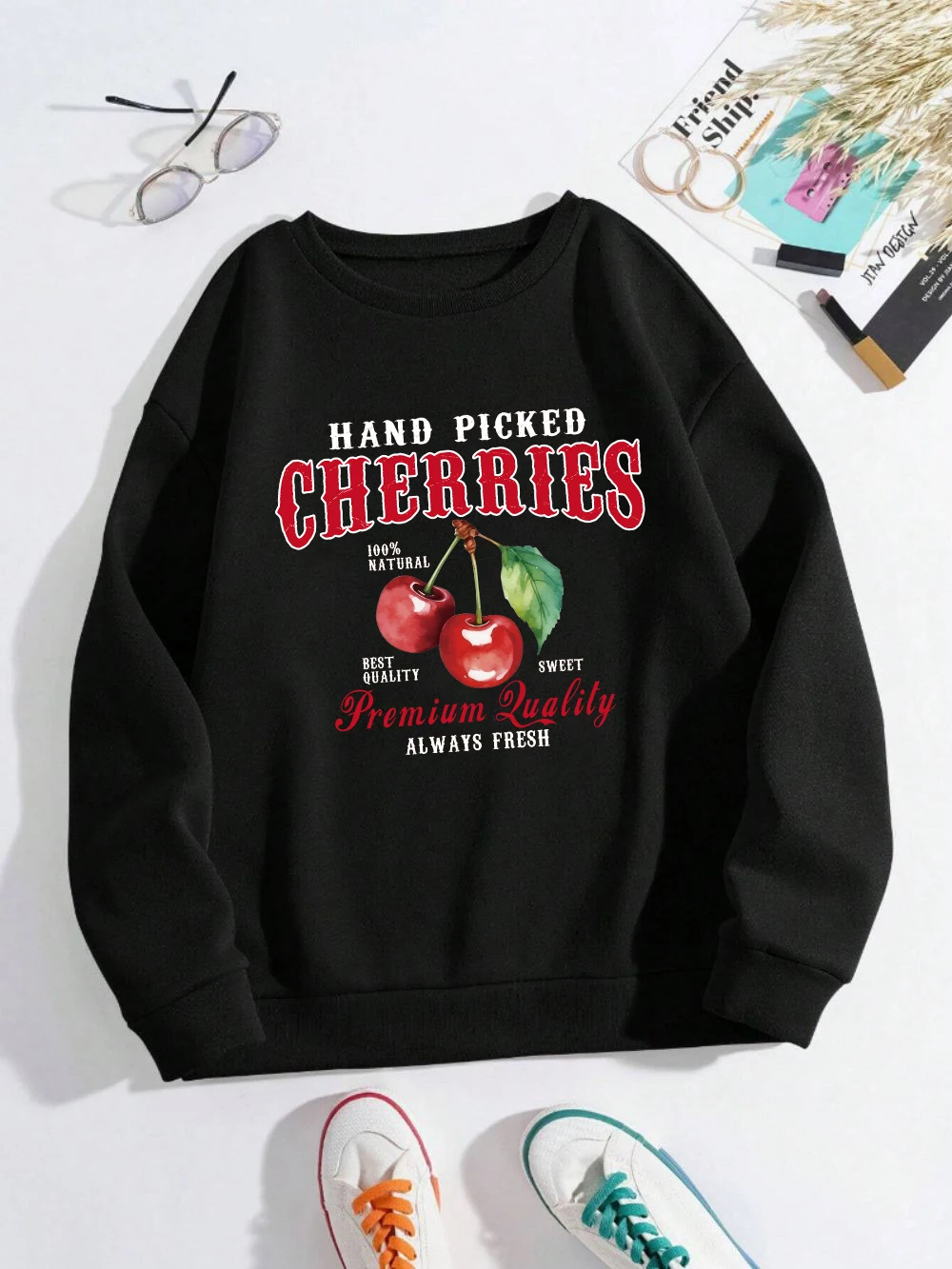 Fashion Womens Hoodie Hand Picked Cherries Always Fresh Printing Sweatshirt Crewneck Soft Warm Breathable Pullover Autumn Tops