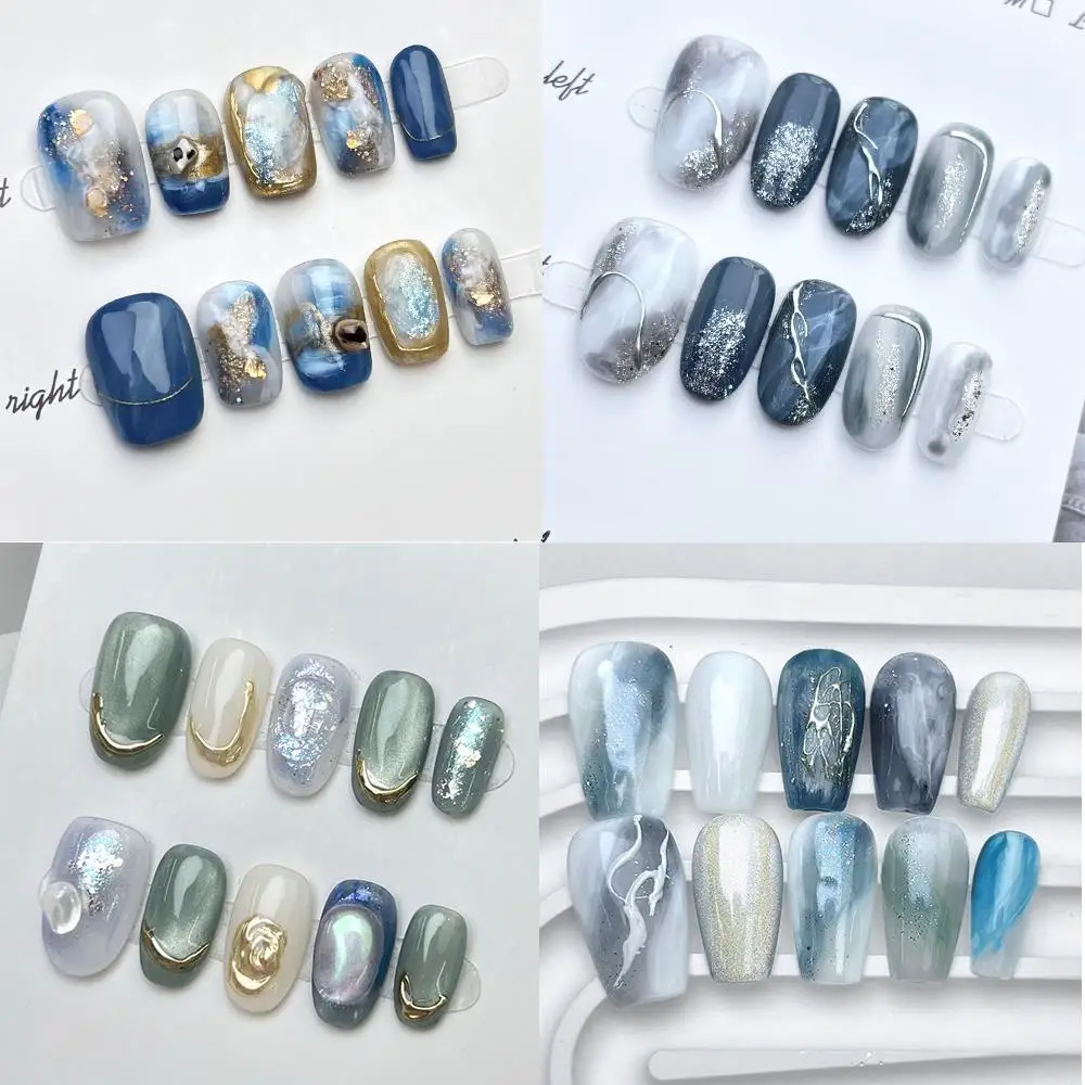 10Pcs Short Oval Handmade Nail Blue Series Flower Rhinestone Shiny Relief  Design Dreamy Nail Removable Full Cover Press On﻿﻿﻿﻿