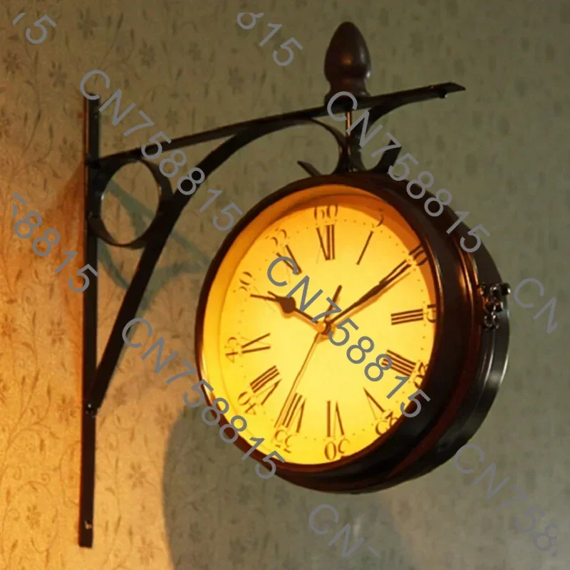 Double-sided retro station clock chandelier wall hanging clock home bedroom, wrought iron antique appearance round wall hanging
