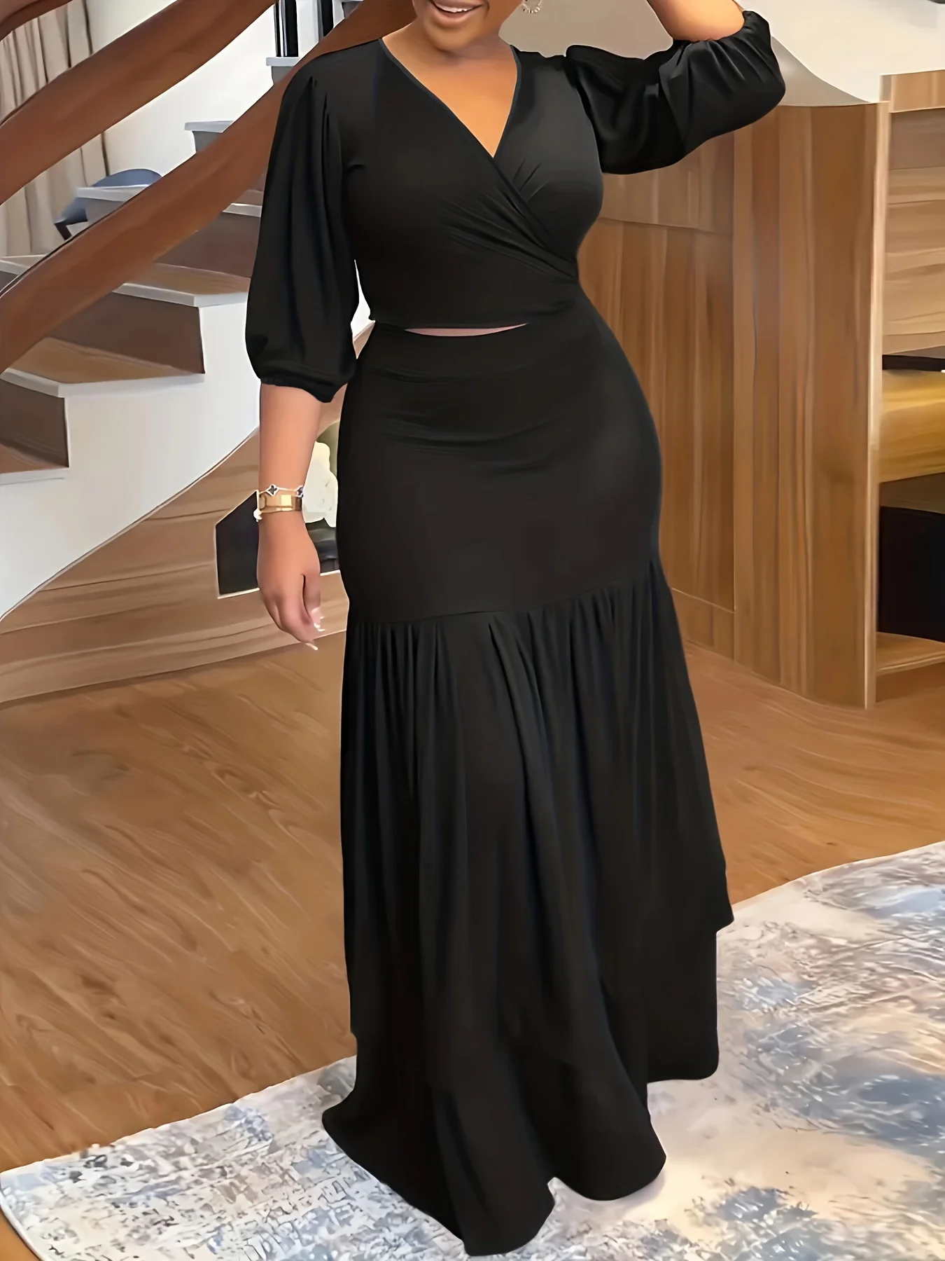 

Однотонный повседневный комплект больших размеров с V-образным вырезом и длинными рукавами, удобная женская одежда для повседневного ношения, стильные и универсальные варианты