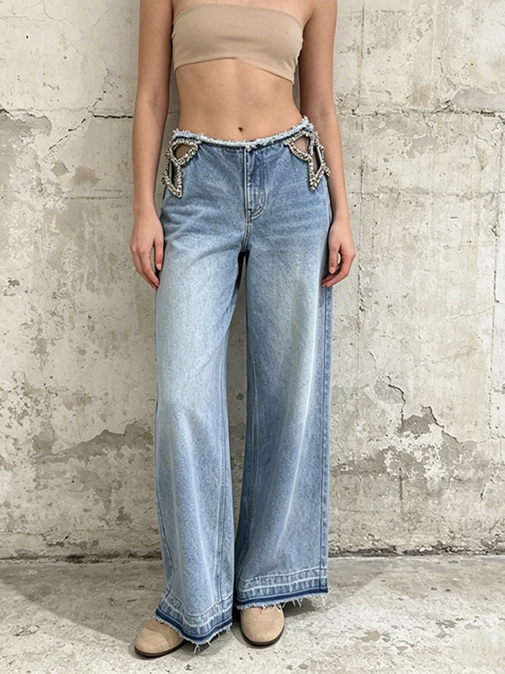 Modphy Women Butterfly Cut Out Diamond Design Wide-Leg Pants Autumn Light Blue Y2K Jeans Trend Jeans Denim Loose Trousers