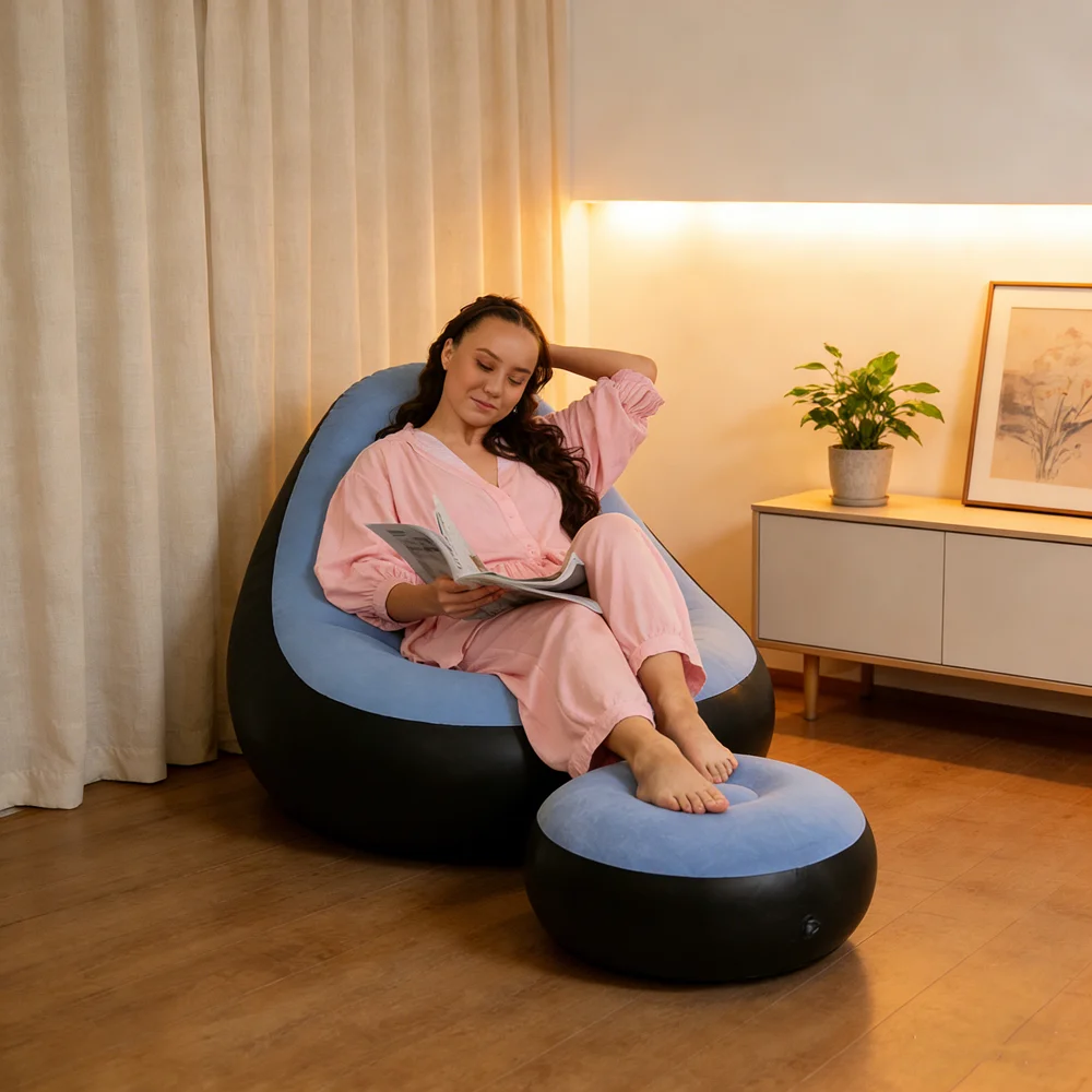2026 Nwe Inflatable Lazy Sofa Chair PVC Flocking Foldable Sofa With Slip-on Lunch Lounge Chair Set