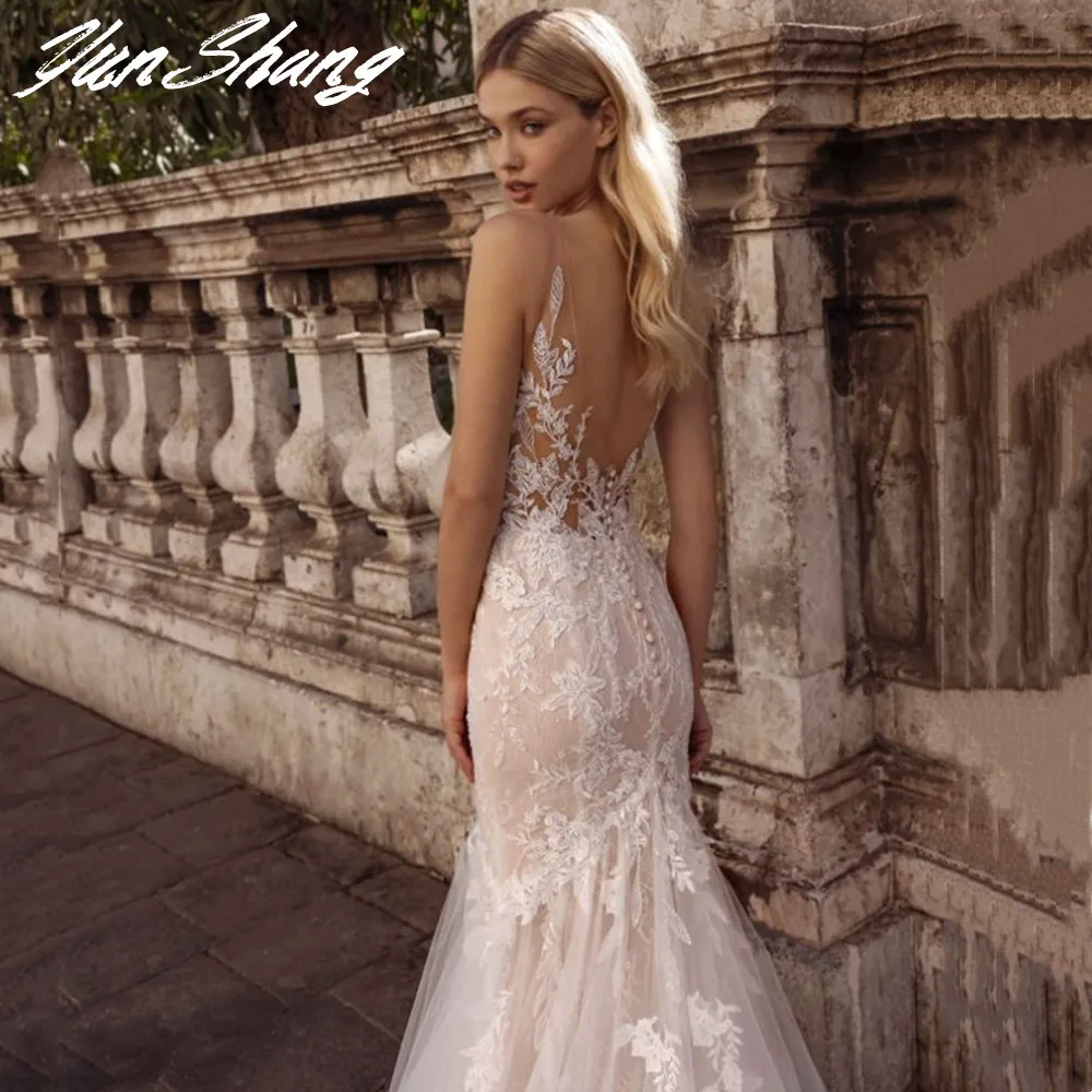 YunShang Spaghetti Straps abito da sposa profondo scollo a v senza maniche Sexy sirena abito da sposa Appliques di pizzo Backless Vestidos De Noiva