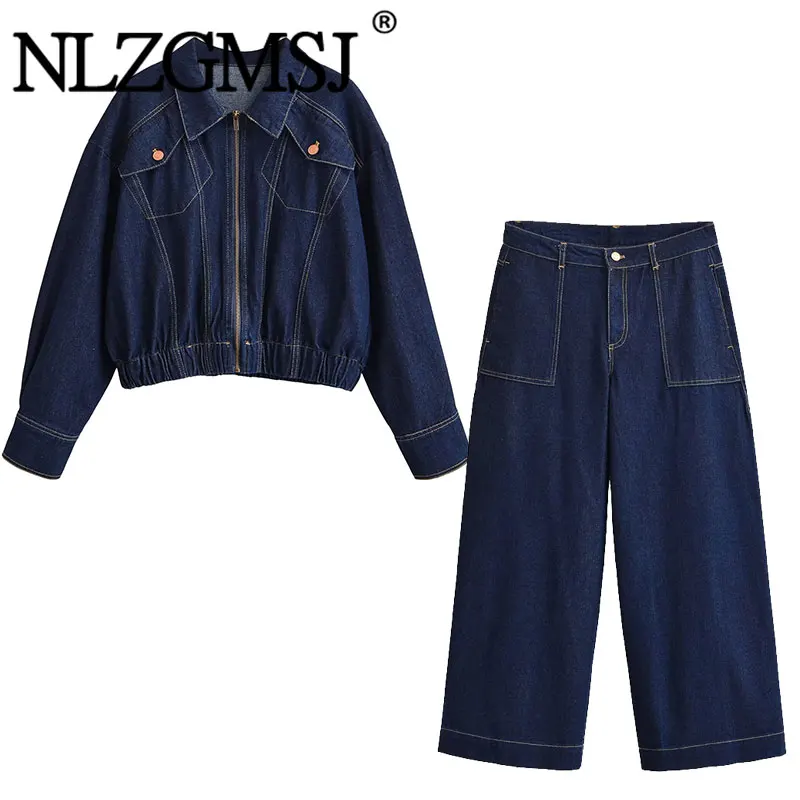 

Nlzgmsj 2026 Весенний винтажный женский синий джинсовый комплект: куртка с карманами и брюки с высокой талией и широкими штанинами, повседневный комплект из 2 предметов