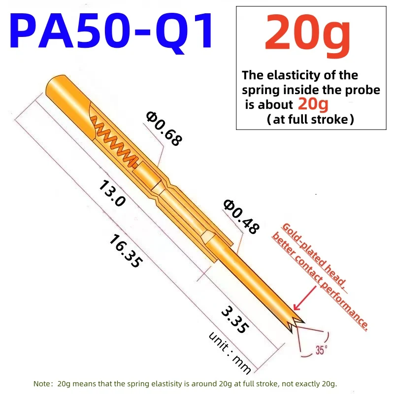 

20/100PCS PA50-Q1 Spring Test Probe PA50-Q Test Pin Test Tool 16.35mm 0.68mm Gold Needle Tip 0.48mm Pogo Pin P50-Q P50-Q1 20g