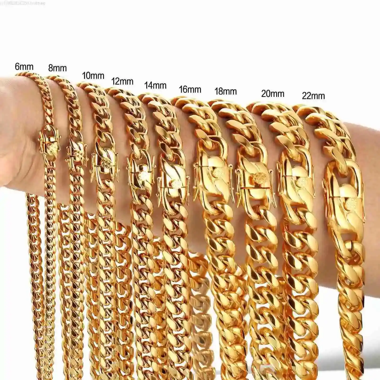 

Wholesale 6-14mm Titanium Cuban Necklace Hip Hop 18k Gold Plated Cuban Bracelet Mens Miami Stainless Steel Cuban Link Chain