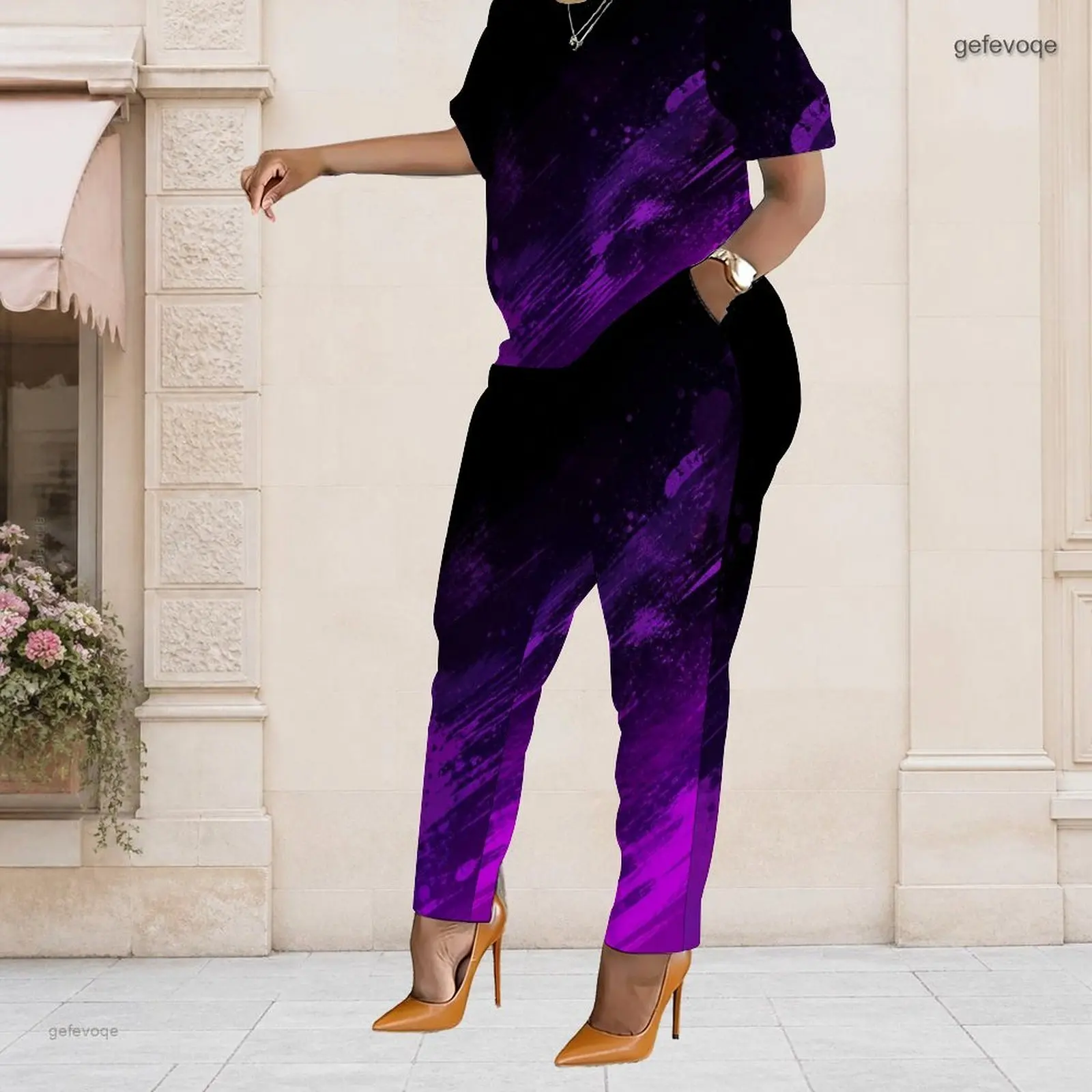 Summer Graphic Print Plus Size Sets Women O Neck Artistic Splash Plus Size Clothes Womens Clothing For Street Casual Daily