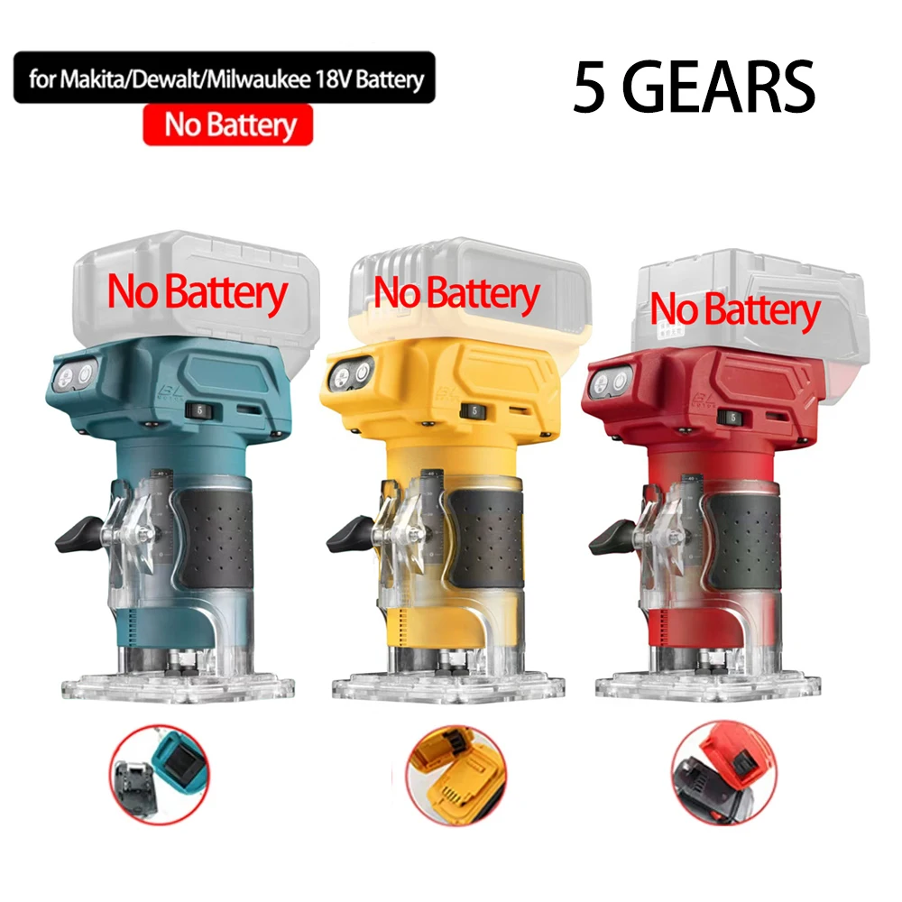

Brushless Electric Trimmer Woodworking Trimming Wood Router Milling Engraving Slotting 5-Speed Fit Makita/Dewalt/Milwaukee 18V