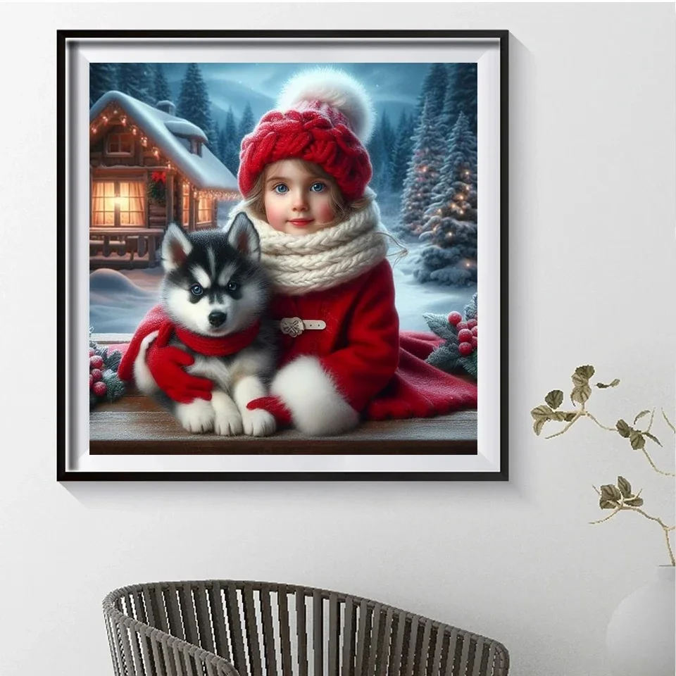 5d Diamond Painting Snow Girl Husky Dog Mosaic Needlework Full Drill Christmas Scenery Gift Embroidery Sale Wall Decor Crafts