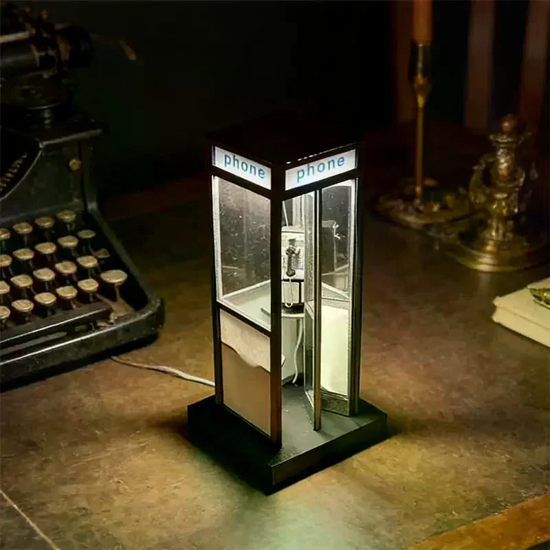 Vintage Tall Phonebooth Lamp, Classic Telephone Booth Table Lamp With Warm LED Light, Phone Box Decorative Night Light Retro
