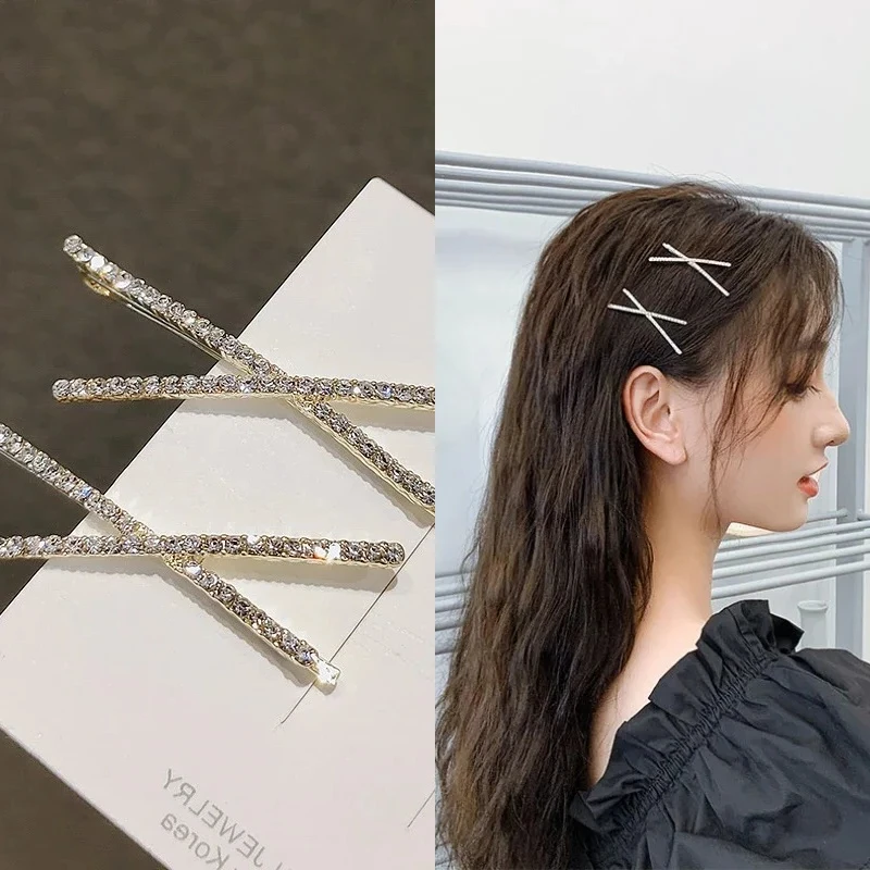 

2pcs/Set Cross Crystal Hairpins Rhinestone X Hair Clips Girl Fashion Hair Accessories Barrettes Simple Side Clip Bridal Headwear
