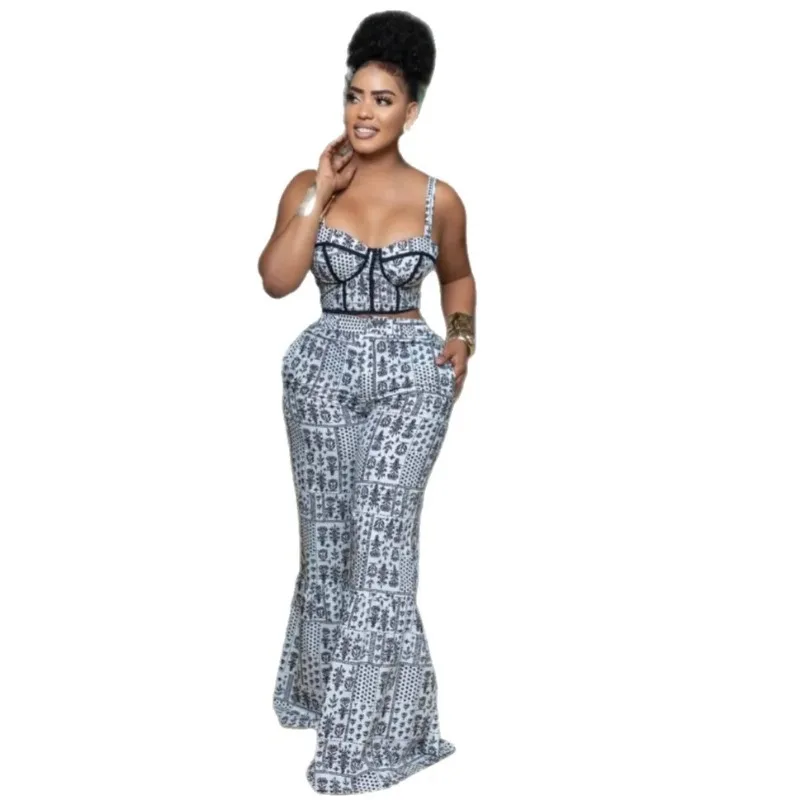 

Women's Set Print Strapless Bra Top and Flare Pants Suits 2025 Summer Street Party Two 2 Piece Sets Outfits Tracksuit