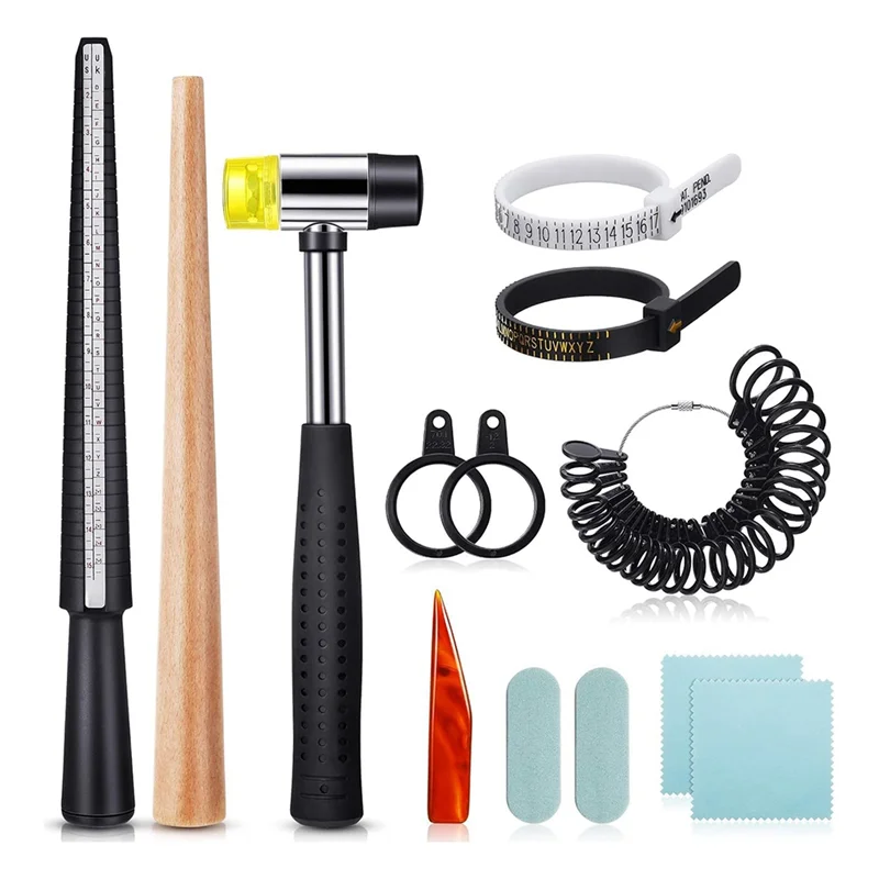 A26F-Ring Size Measuring Tool Belt 11 Piece Ring Mandrel Set, Ring Mandrel Jewelry Hammer Ring Sizing