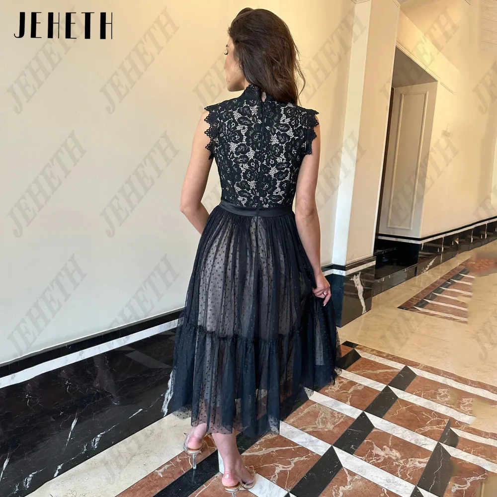 JEHETH Nero senza maniche Abiti da sera O-Neck Pizzo Applique A-Line PromJEHETH abiti da sera senza maniche neri o-collo Applique in pizzo a-line abiti da ballo di fine anno Tull lunghezza del tè Modern muslimex squart