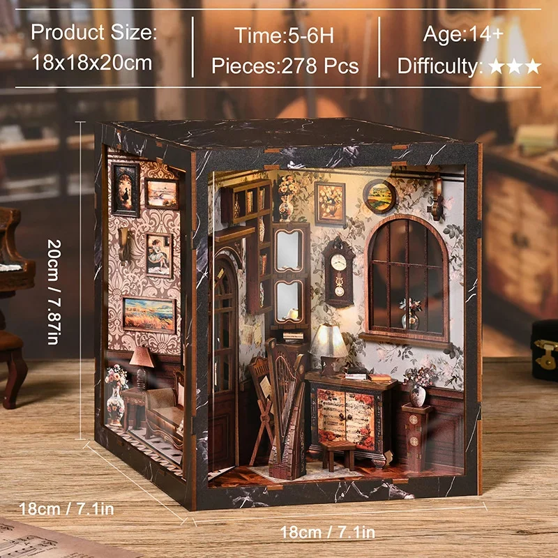 DIY Miniature Book Nook Kit Ornament Werewolf Photo Wooden Dollhouse With Light Bookshelf Insert Four Sided 3D Puzzle Decor Gift