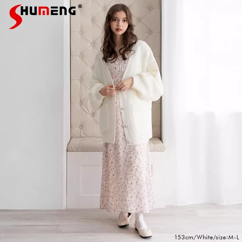 Autumn Winter Medium And Long Knitted Cardigan V-neck Solid Color Versatile Sweet Cute Long-Sleeves Single-breasted Jacket Women