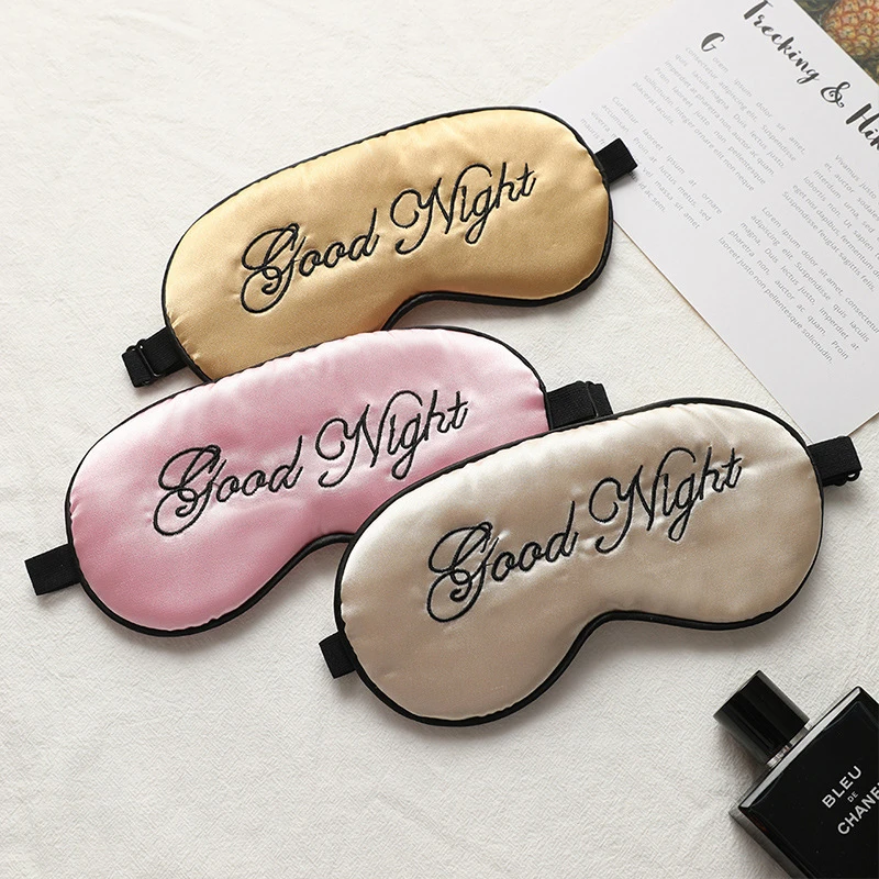 Embroidered Silk Sleep Mask Adjusting Button Travel Ventilation Sleeping Mask Good Night Pattern Eye Patches For Sleeping Aid