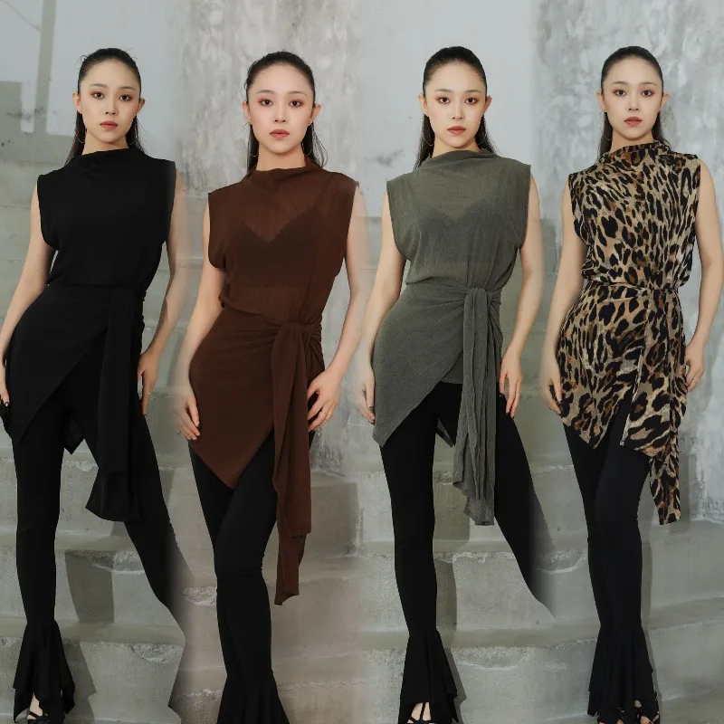 Customized Latin Dance Dress New Practice Outfit Teaching Class Leopard Print Mesh Sleeveless Lace Up Cover Dress