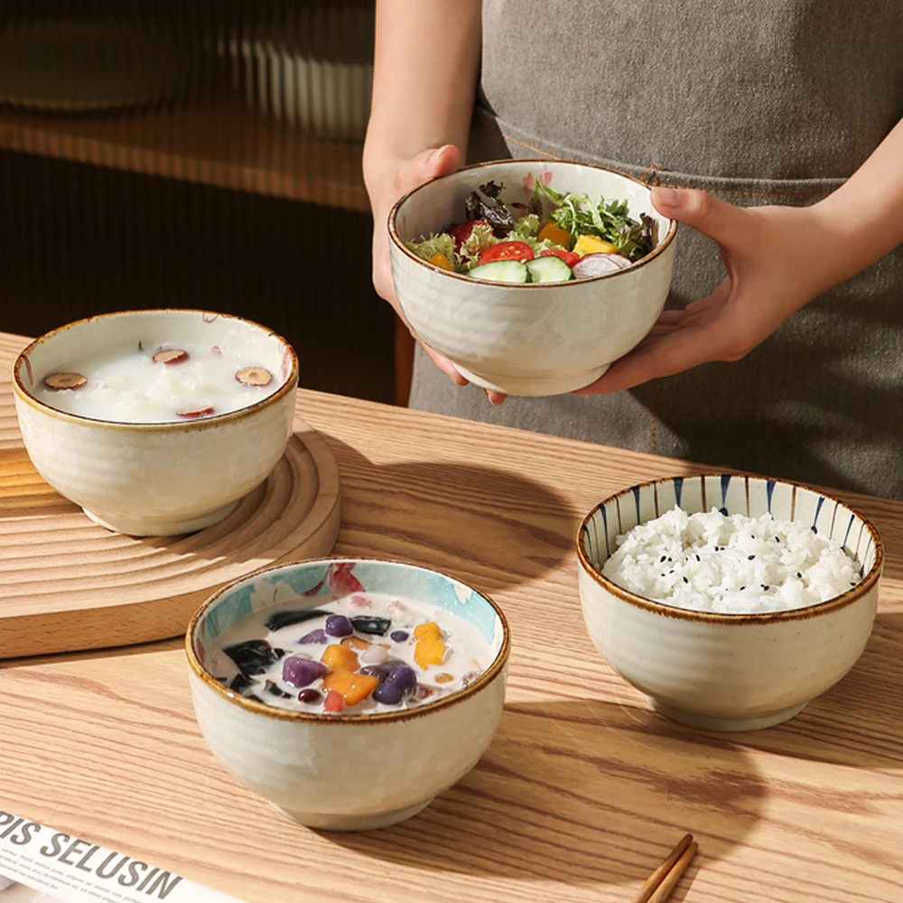 5.1-inch Ceramic Household Rice Bowl Japanese Retro Restaurant Home Tableware Eating Dishes Deep Soup Noodle Bowls