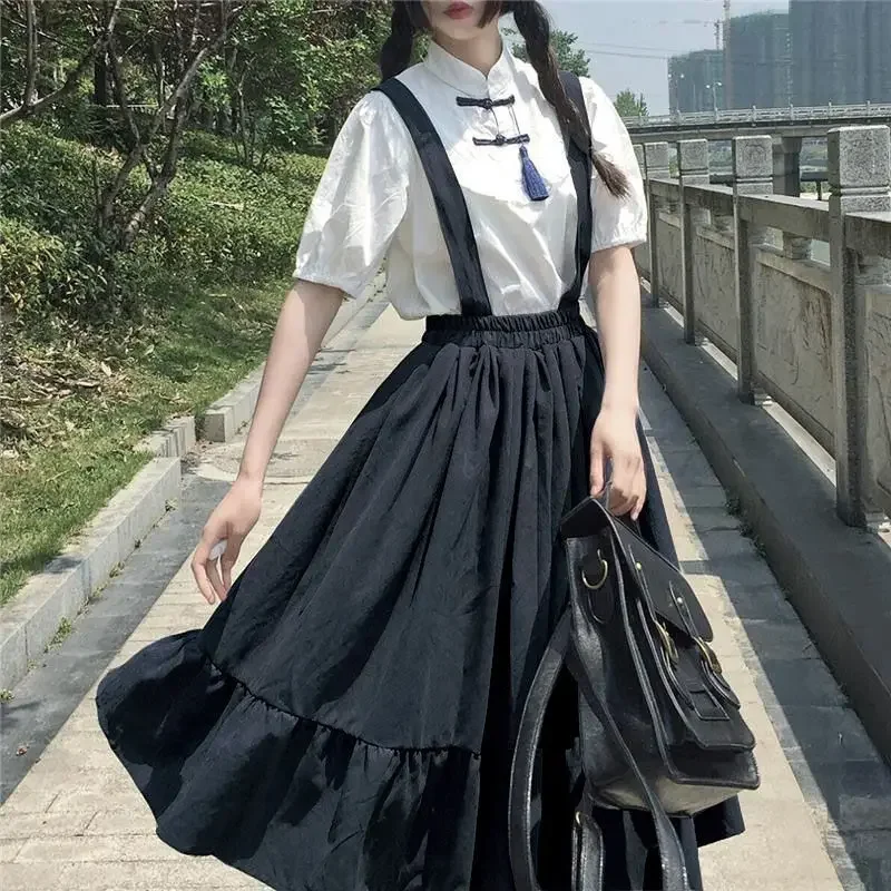 2024 New Spring Summer Kawaii Chinese Style New Retro Sweet Shoulder Strap Dress + Vintage Versatile Slim Shirt Single Piece Set