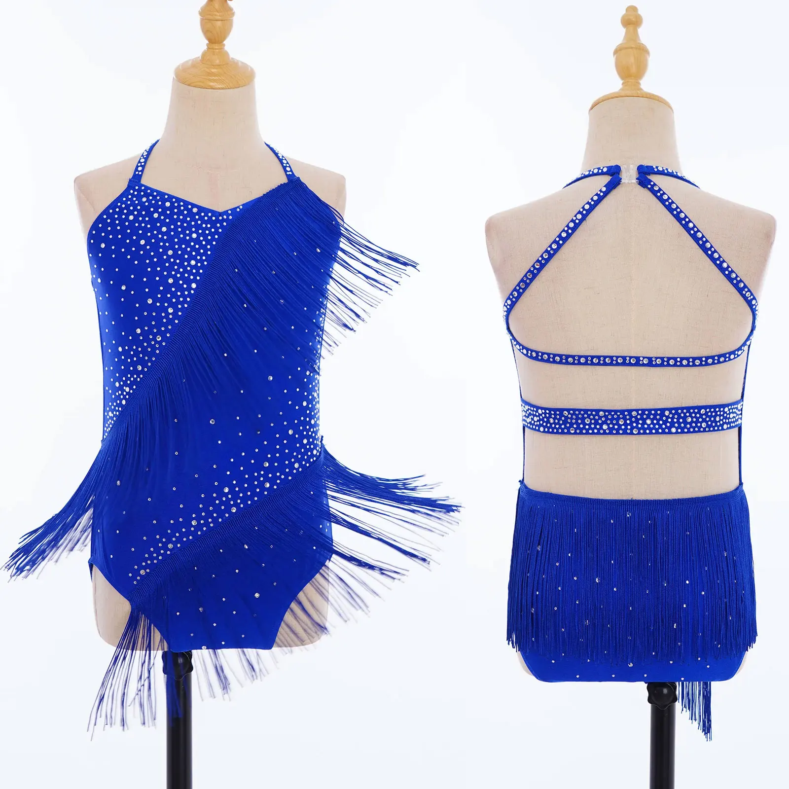Kids Girls Tassel Latin Dance Leotard Dress Rhinestone Fringed Bodysuit for Tango Cha-Cha Salsa Figure Skating Stage Performance