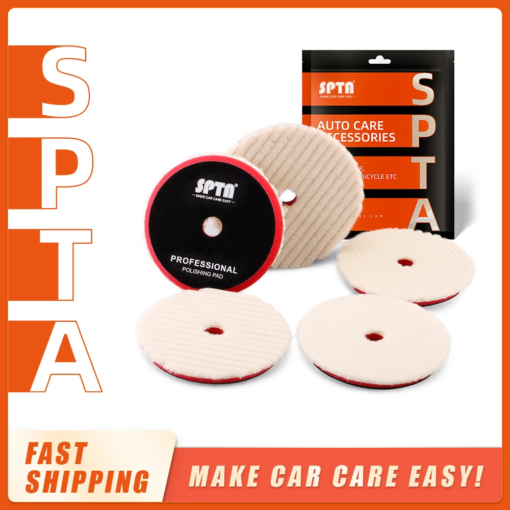 SPTA 5Inch Japanese Polishing Wool Pad Buffer Woollen Polishing Pad For Automotive Scratch Removing with Hook& Loop Backer