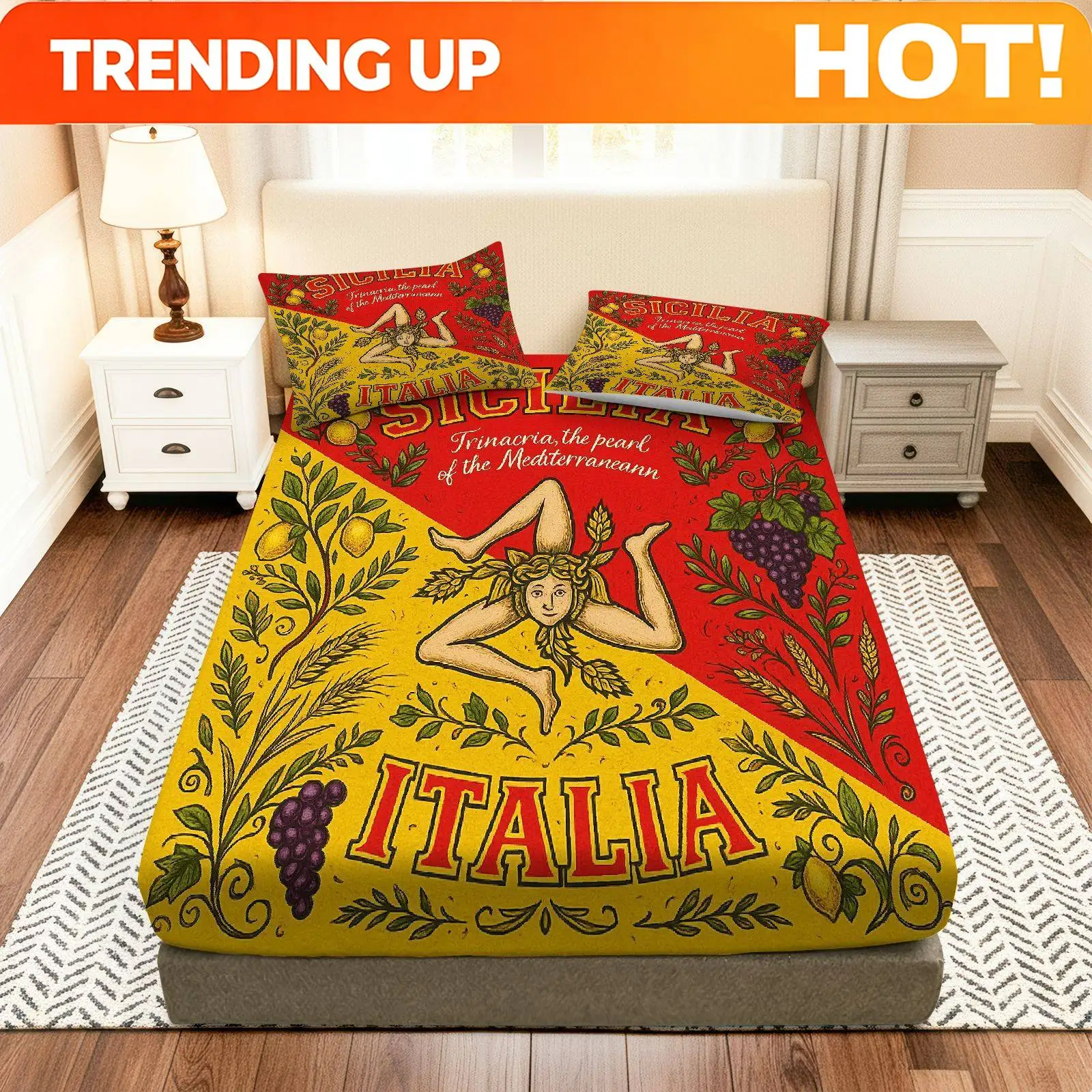 Customize 3pcs Italy Sicily Mediterranean Fitted Sheet Three Piece Set (1*Fitted Sheet+2*Pillowcases, Coreless), Cultural Theme,
