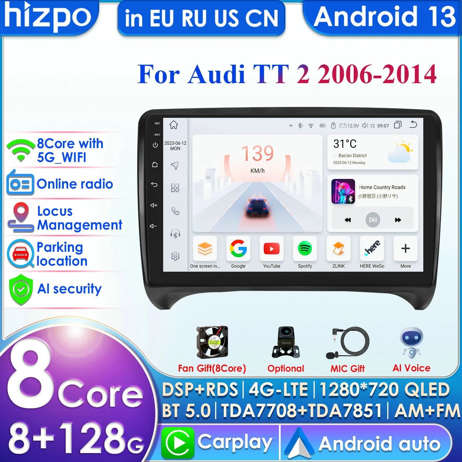 Hizpo 4G 9'' 10.33'' AI Intelligent Systems CarPlay Android Auto Radio for Audi TT MK2 8J 2006-2014 Car Multimedia GPS 2din DSP