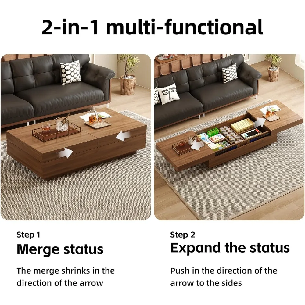 طاولة قهوة حديثة قابلة للتوسيع، 47.2-81.8 طاولة مركزية من خشب الجوز قابلة للتعديل مع مساحة تخزين مخفية كبيرة لغرفة المعيشة