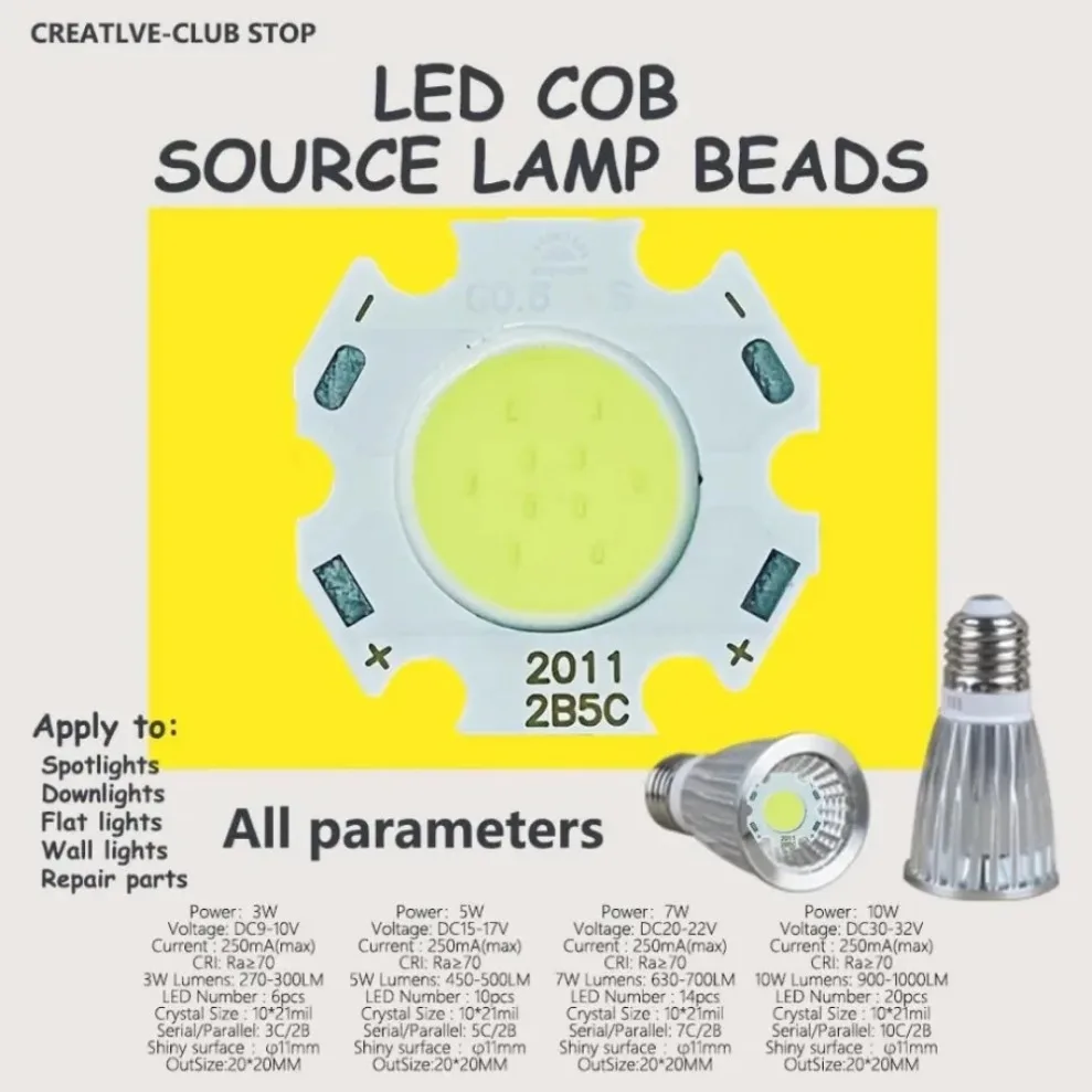 LED Chip COB contas de lâmpada de alta potência, lâmpada de superfície luminosa, holofote, luz para baixo, 3mm, 5mm, 7 W, 10W, 11mm, 20 pcs