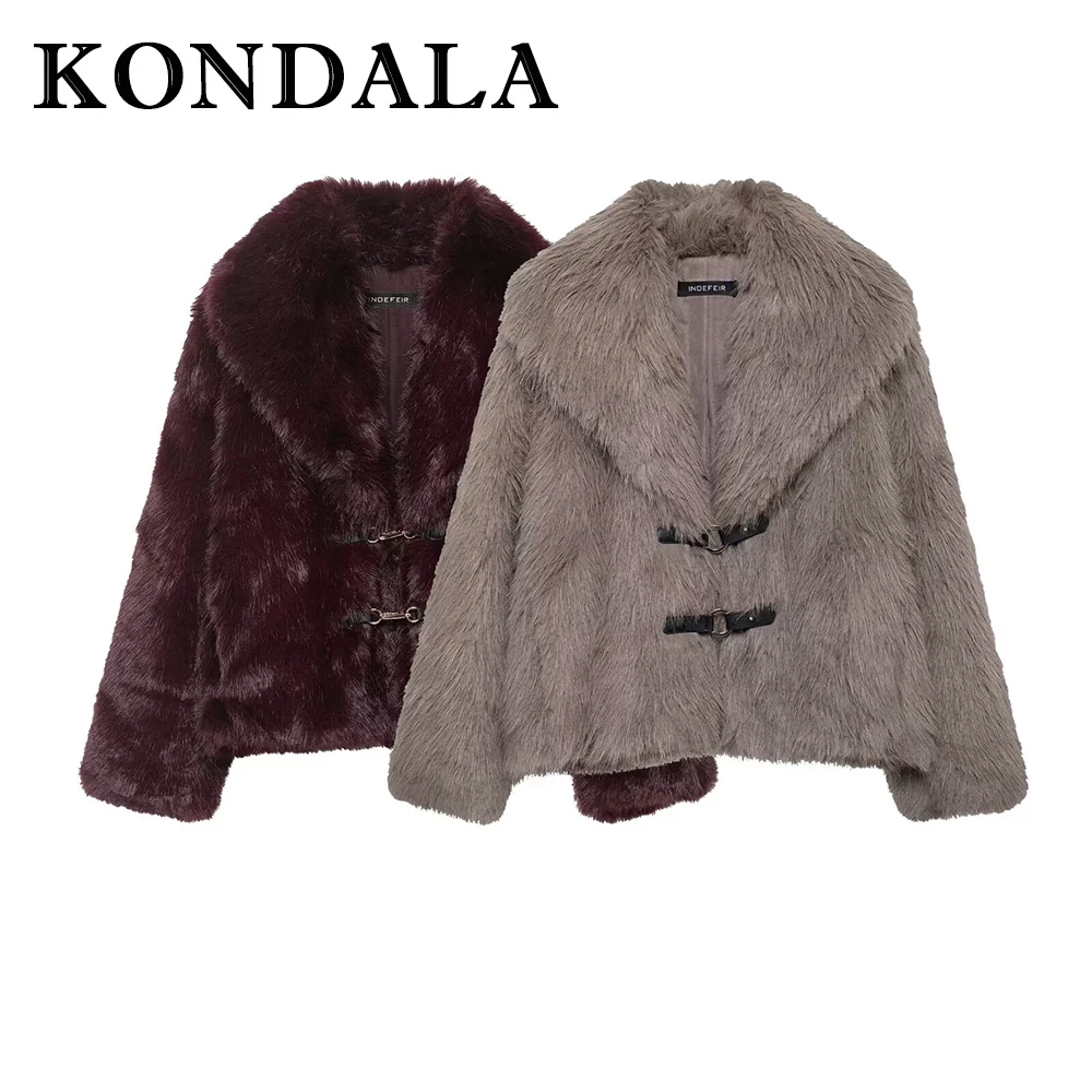 

KONDALA Chic Winter Luxurious Burgundy Furry Elegant Faux Fur Women Jacket Fashion 2025 Fall Outwear Evening Party Noble Coat