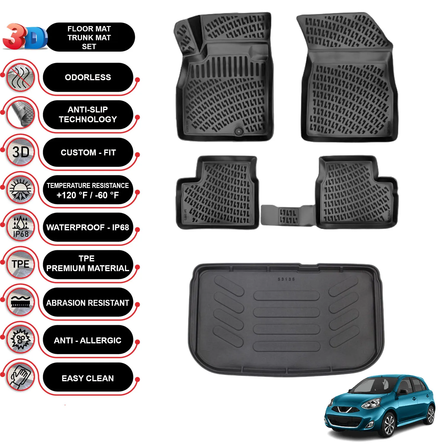 Nissan March - (2010-2015) - Floor Mats + Cargo Trunk Liner - SET - (Black)