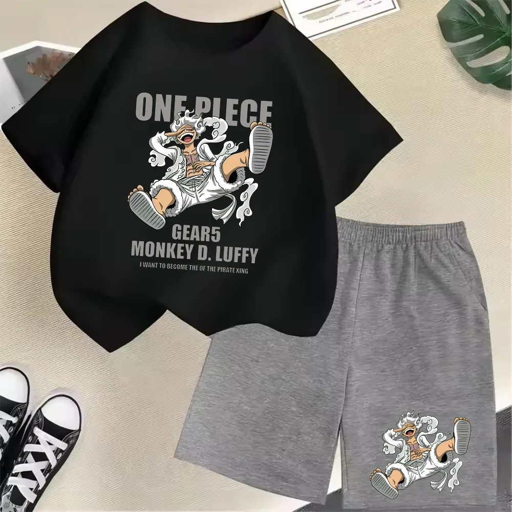Bandai Summer New Cotton Kids T-Shirt Set Luffy Gear 5 One Piece Children Shorts Sport Casual School Outdoor Boys Tracksuit