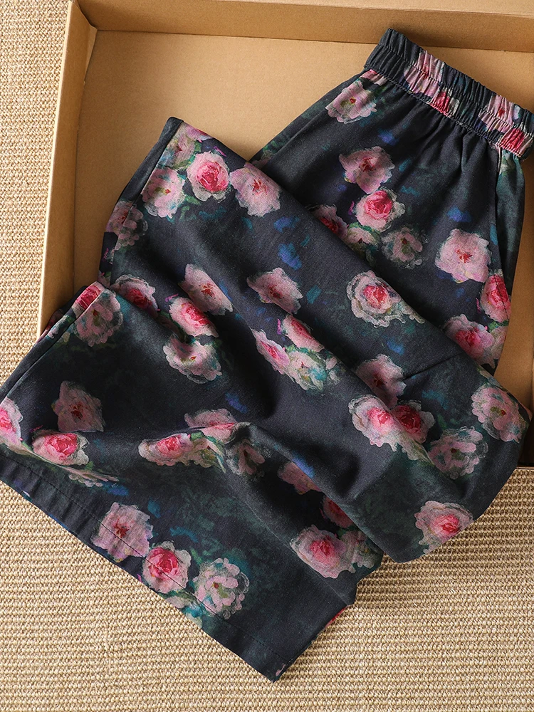 Casual Cotton Linen Wide Leg Pants Women's Printed Floral Trousers Fashionable High Waist Summer Seasonal Mid-aged Suitable