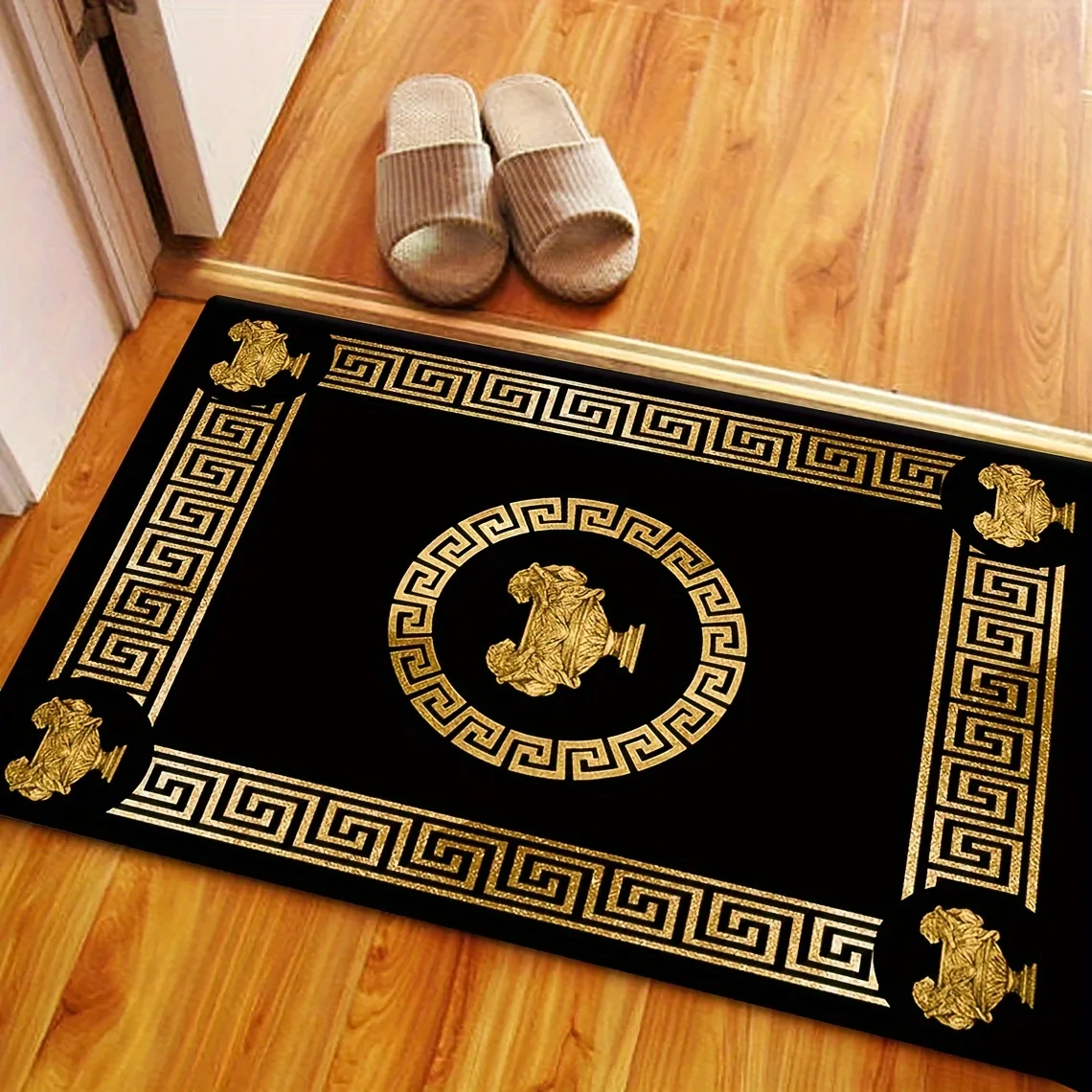Ethnic Style Floor Mat, Black with Golden Accents,Soft Touch & Non-Slip,Washable Rectangle Rug for Entryway, Bedroom,Living Room