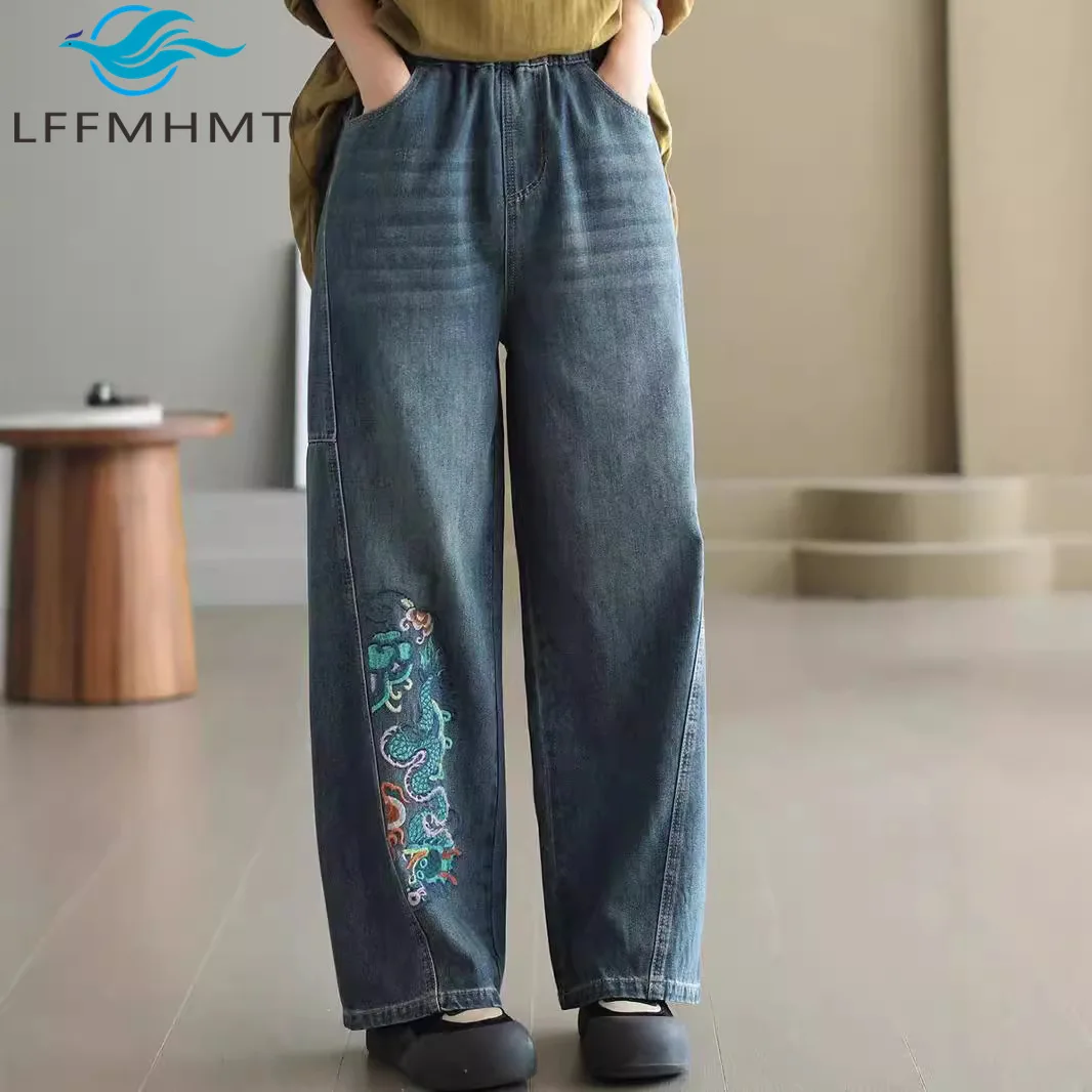 Cartoon Dragon Embroidery Denim Pants for Women Spring Autumn Fashion Trouser Elastic Waist Loose Casual Vintage Cotton Jeans