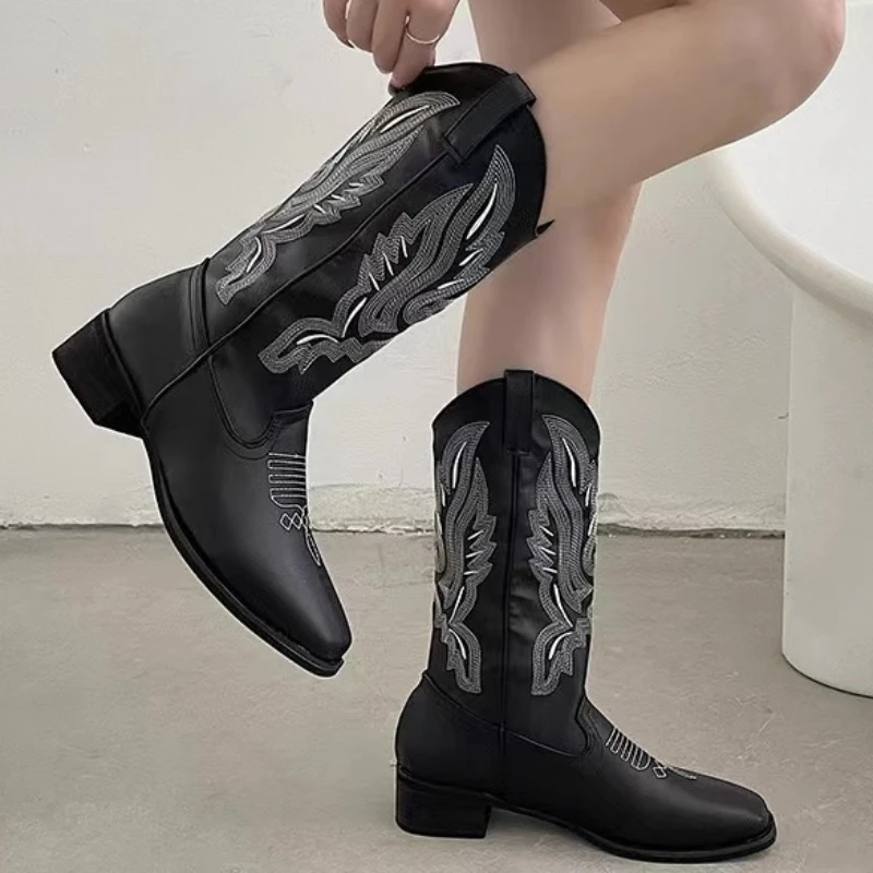 Luxury Brand Women Boots Embroidered Western Boots Leather Mid Calf Cowboy Boots Winter Chunky Heel Boots  Female  Autumn  Shoes