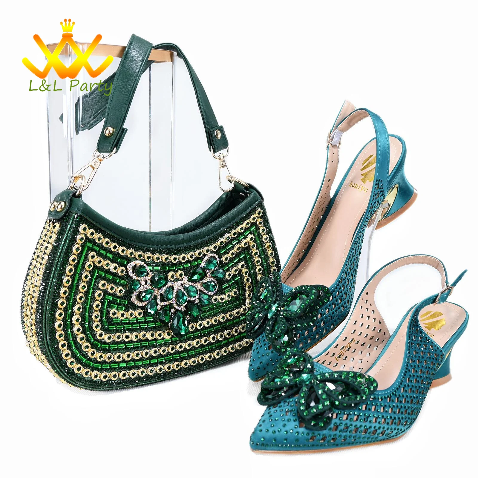 

Green Color Appliques Fashion Style High Quality Classics Shoes Matching Bag Set with Crystal High Heels for Garden Party