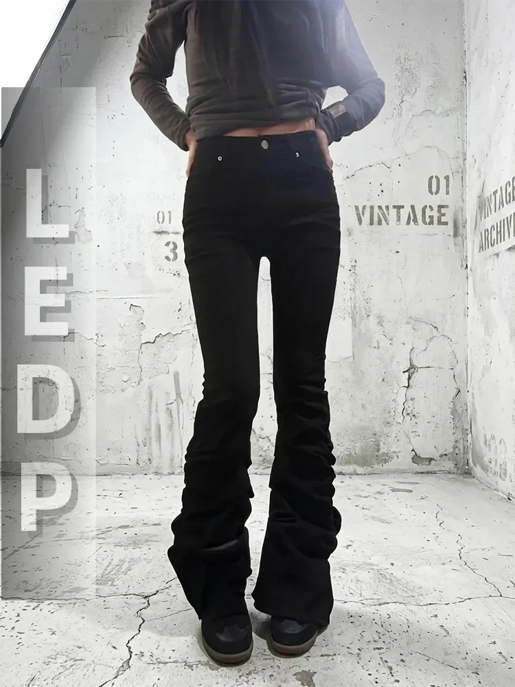 IMU Minimalist Shirring Black Jeans Women Punk Cleanfit Stretch Vintage Wash High Waist Bootcut Pants Grunge Everyday Wear