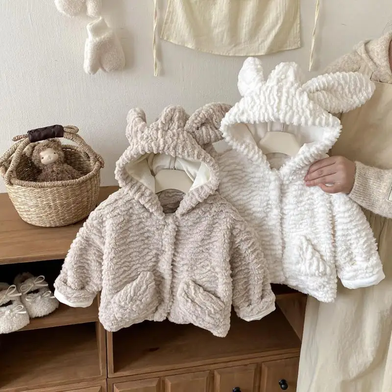 

2025 Winter New Baby Girl Cute Rabbit Ear Warm Coat Kids Girls Hooded Cotton Padded Jacket Solid Infant Plus Velvet Thick Coat