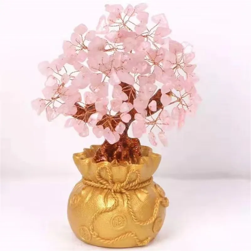 Natural rose quartz crystal cash cow bonsai feng shui style decoration fortune hand-carved Christmas gift