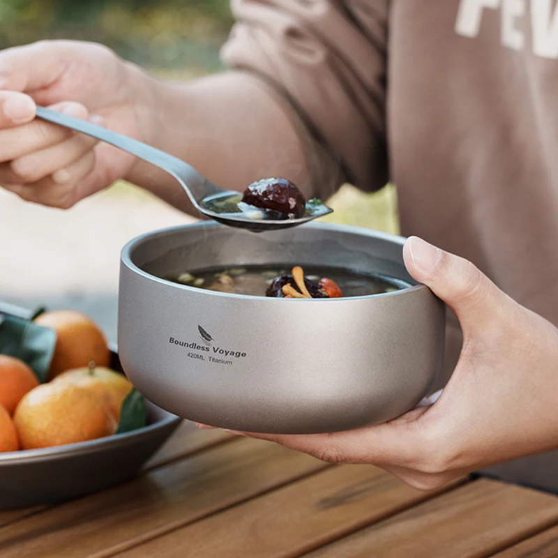 Boundless Voyage Titanium Bowl Podwójna ścianka zapobiegająca oparzeniom 200ml 420ml Outdoor Camping Tableware Titanium Bowl dla dorosłych dzieci