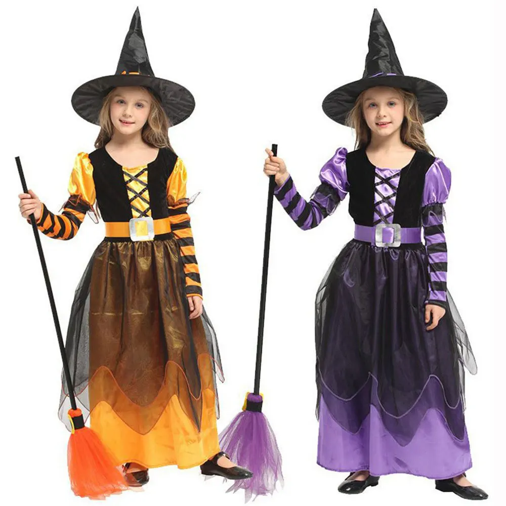 

New Halloween Carnival Role Play Purple and Yellow dress Dark Queen Wicked Witch Dress for Girl deliver Broom Hat and Sleeves