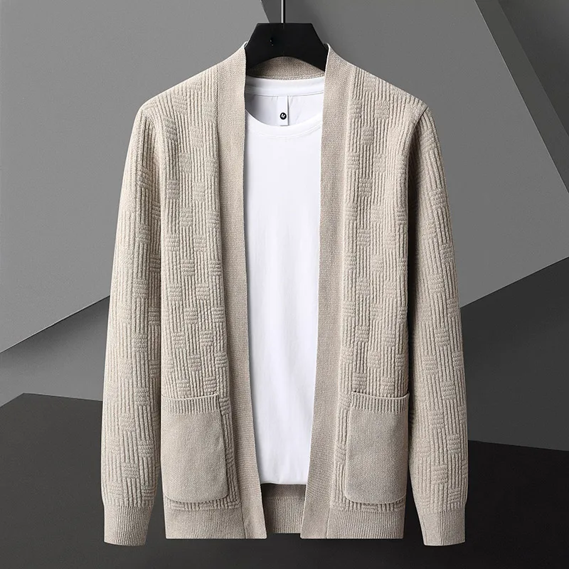 Cárdigan de punto con bolsillo para hombre, chaqueta informal de negocios de lujo, a la moda, de Color sólido, con patrón de bambú, para primavera y