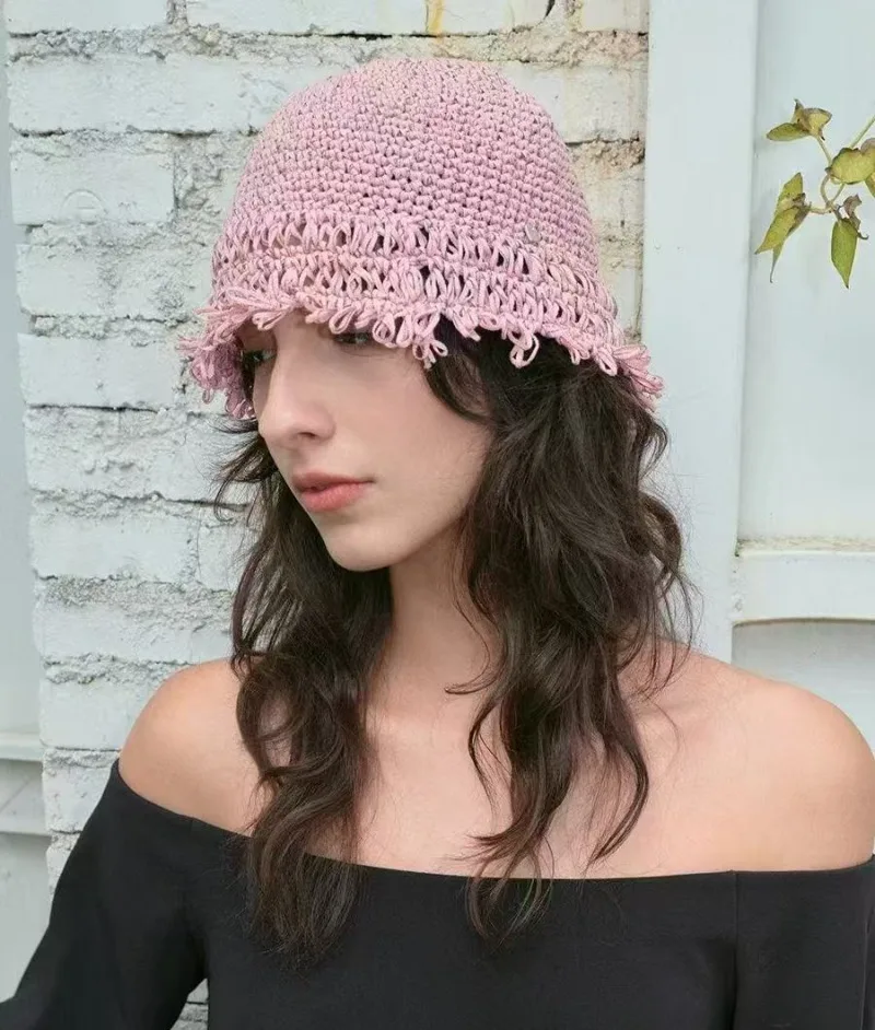

Korean Ins Wind Fringe Burr Crochet Sun Hat Women's Summer Big Eaves Sunshade Sunscreen Beach Bucket Hat Tide